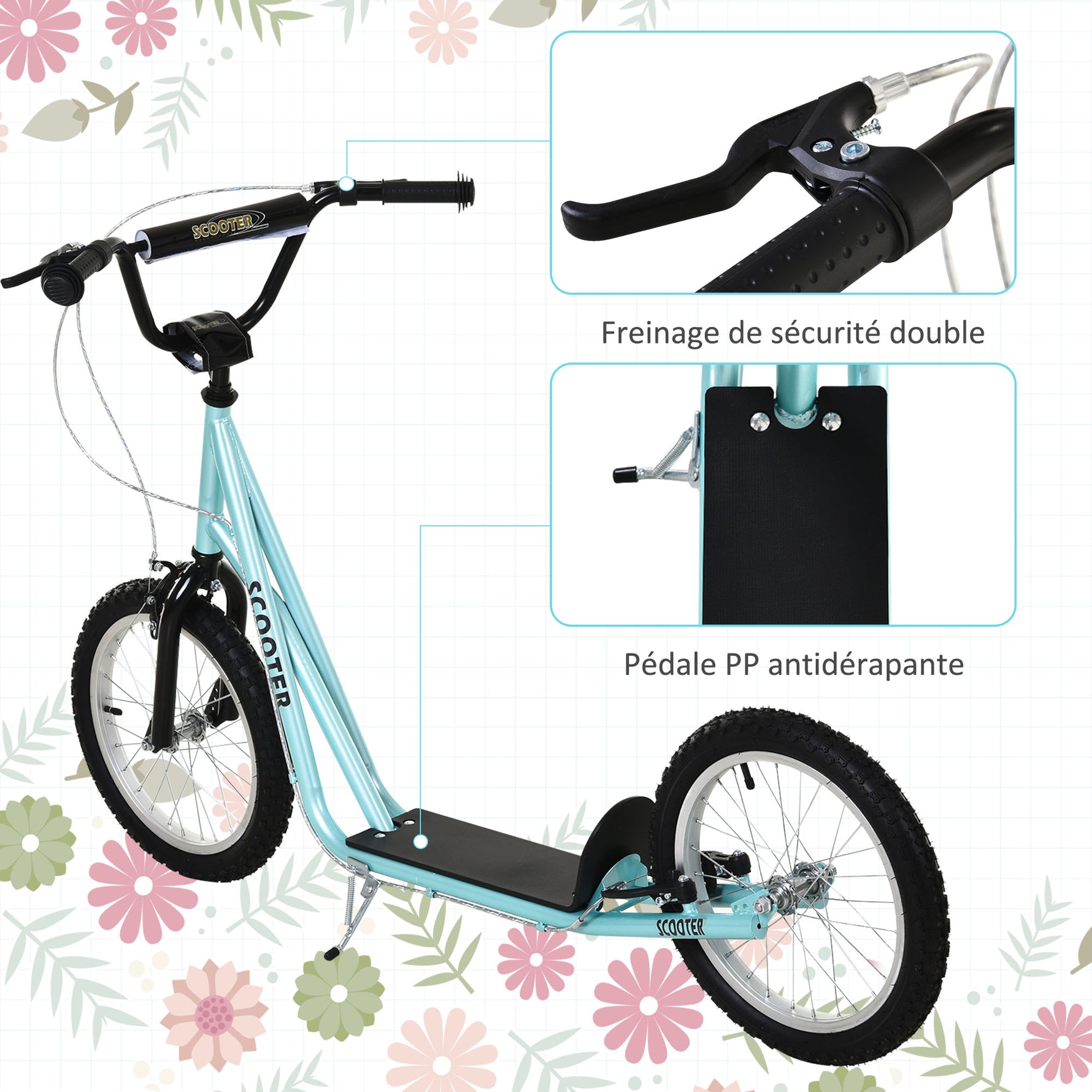 Trottinette patinette pour Enfants à partir de 5 Ans Grands pneus en Caoutchouc Guidon réglable poignée Frein et béquille Acier Charge max. 100 Kg Bleu