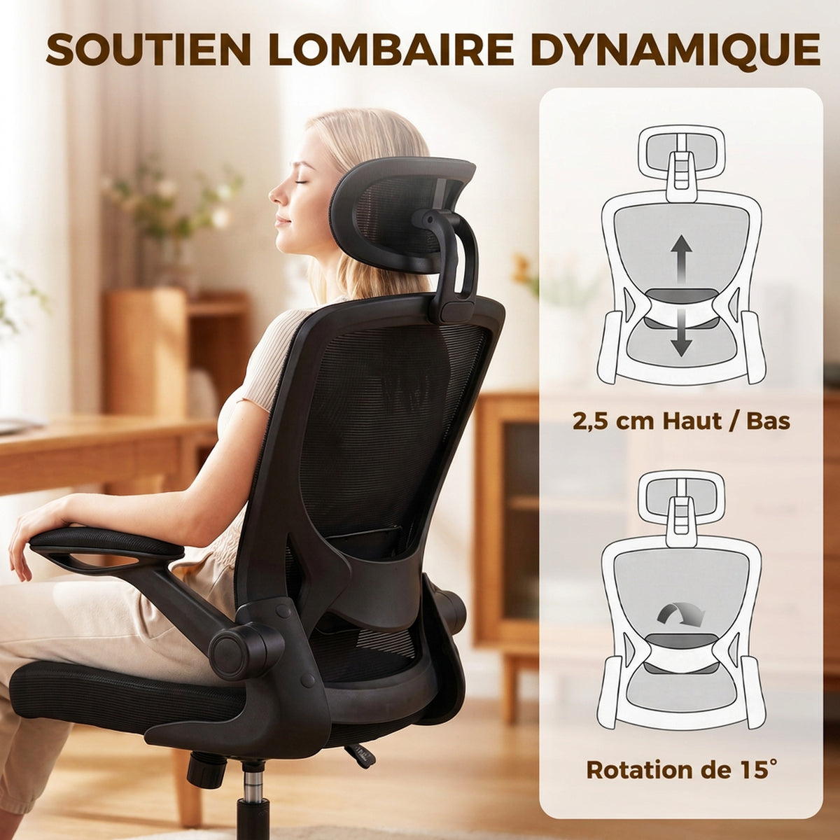 Sedia da ufficio ergonomica, poltrona da ufficio in rete con supporto lombare e poggiatesta regolabili, 64x65x129cm, nero