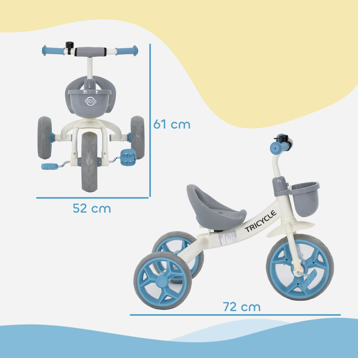 Tricycle enfant évolutif, tricycle pour enfants de 2 à 5 ans avec panier avant et roues EVA, 72 x 52 x 61 cm, bleu