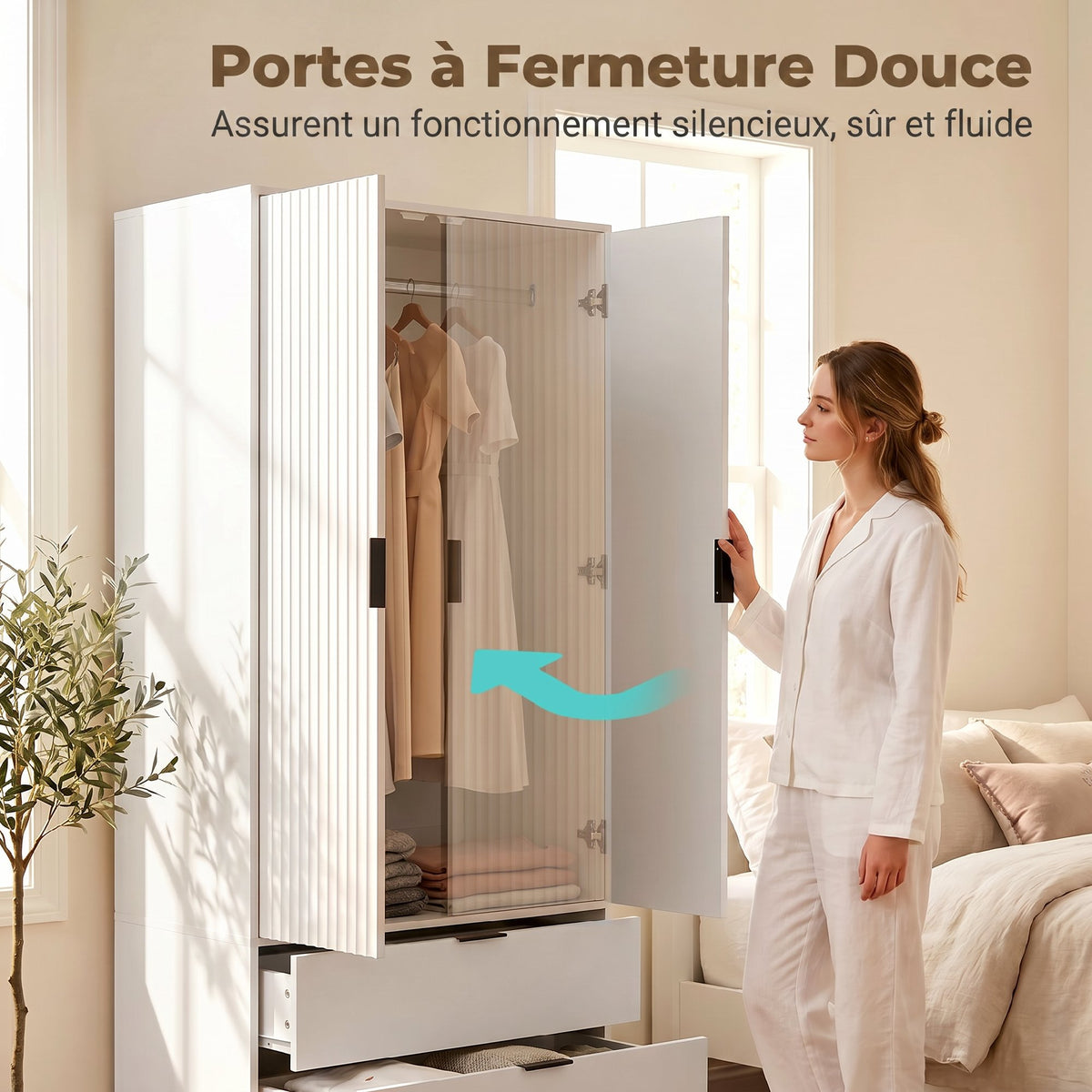 Armoire chambre penderie avec 2 portes à fermeture douce, 2 tiroirs et barre de suspension, 80x50x180cm, blanc