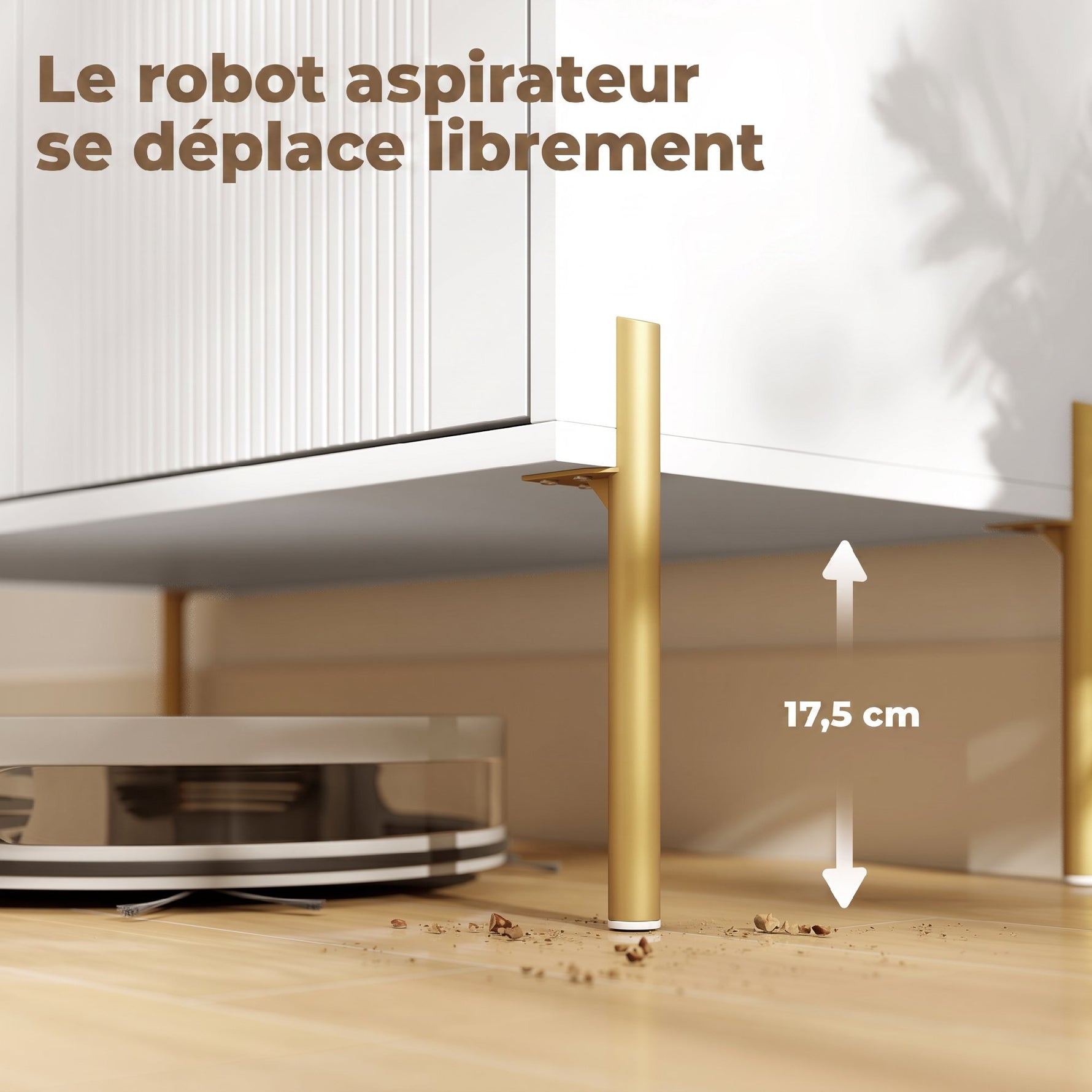 Buffet cuisine, meuble de rangement avec 2 portes, 3 tiroirs silencieux, 2 étagères réglables, 5 pieds en acier, blanc