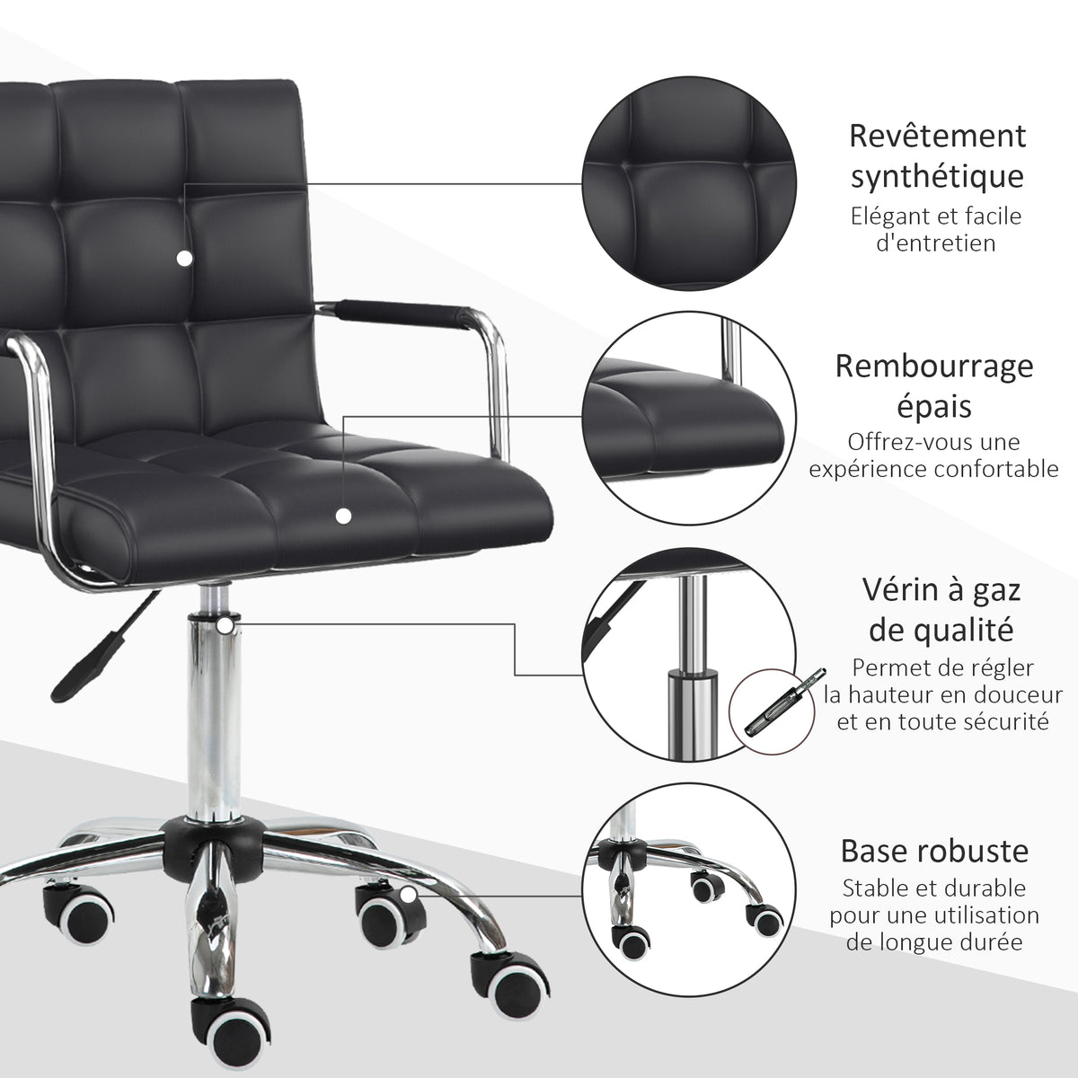 Chaise de bureau fauteuil manager pivotant hauteur réglable revêtement synthétique capitonné noir