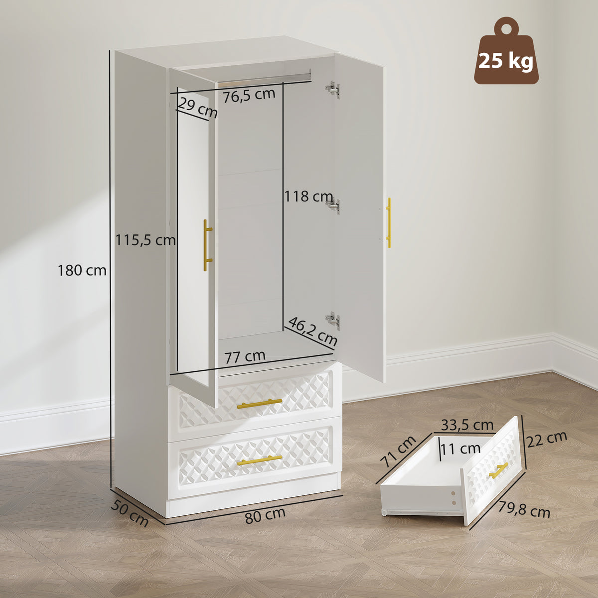 Armoire chambre penderie avec miroir, 2 tiroirs, 2 portes et barre de suspension, 80 x 50 x 180 cm, blanc