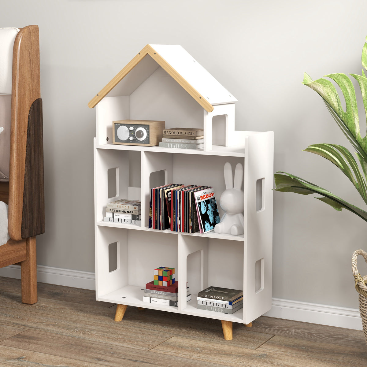 Libreria a forma di casetta per bambini, scaffale portaoggetti per giocattoli e libri, 3 livelli, 65 x 25 x 108,5 cm, bianco e naturale