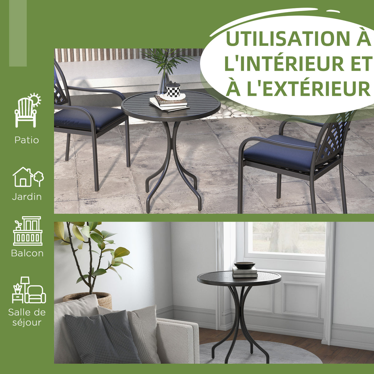 Table de Bistrot Ronde Ø 66 cm en Acier Galvanisé avec Plateau à Lattes pour Terrasse, Balcon, Noir