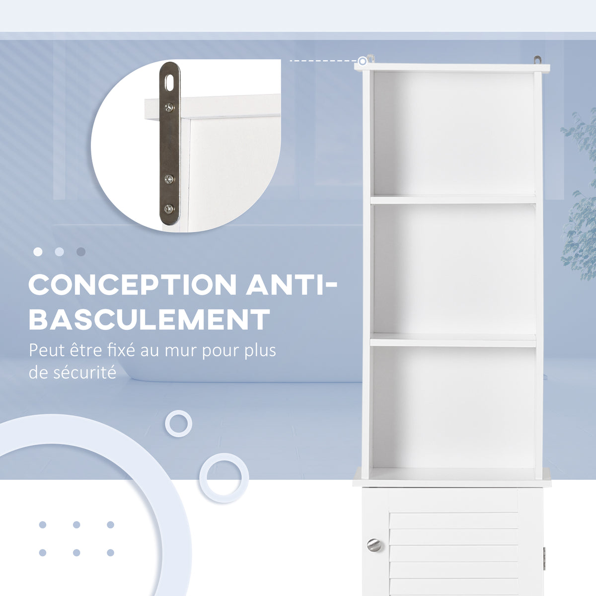 Mueble columna para baño, 3 nichos, armario con puerta de persiana, 3 estantes, MDF, paneles de partículas, blanco