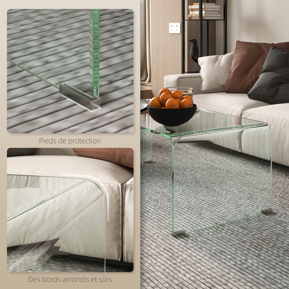 Table basse en verre table de salon rectangulaire design moderne en verre trempé avec bords arrondis sûrs transparent