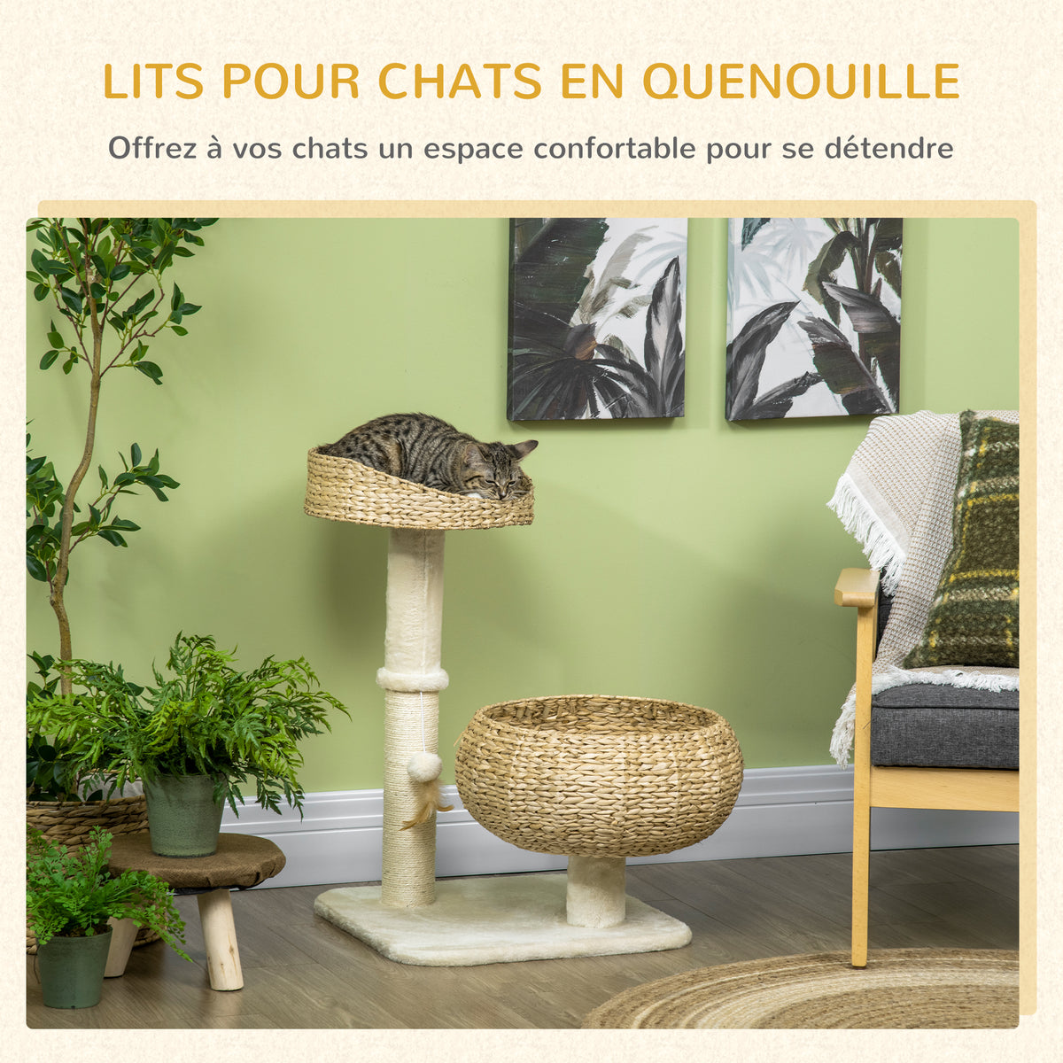 Arbre à chat griffoir 2 niveaux hauteur 72 cm poteau sisal avec niche et plateforme 1 balle suspendue