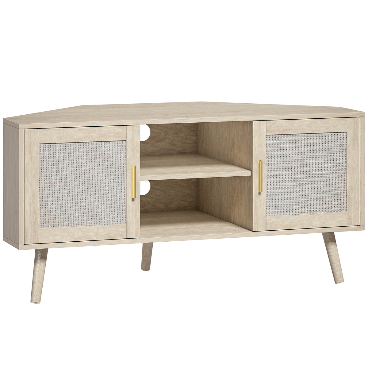 Meuble TV d'Angle 115 cm, Meuble Télé pour Téléviseur jusqu'à 65 Pouces, 2 Portes en Rotin  2 Compartiments, Chêne