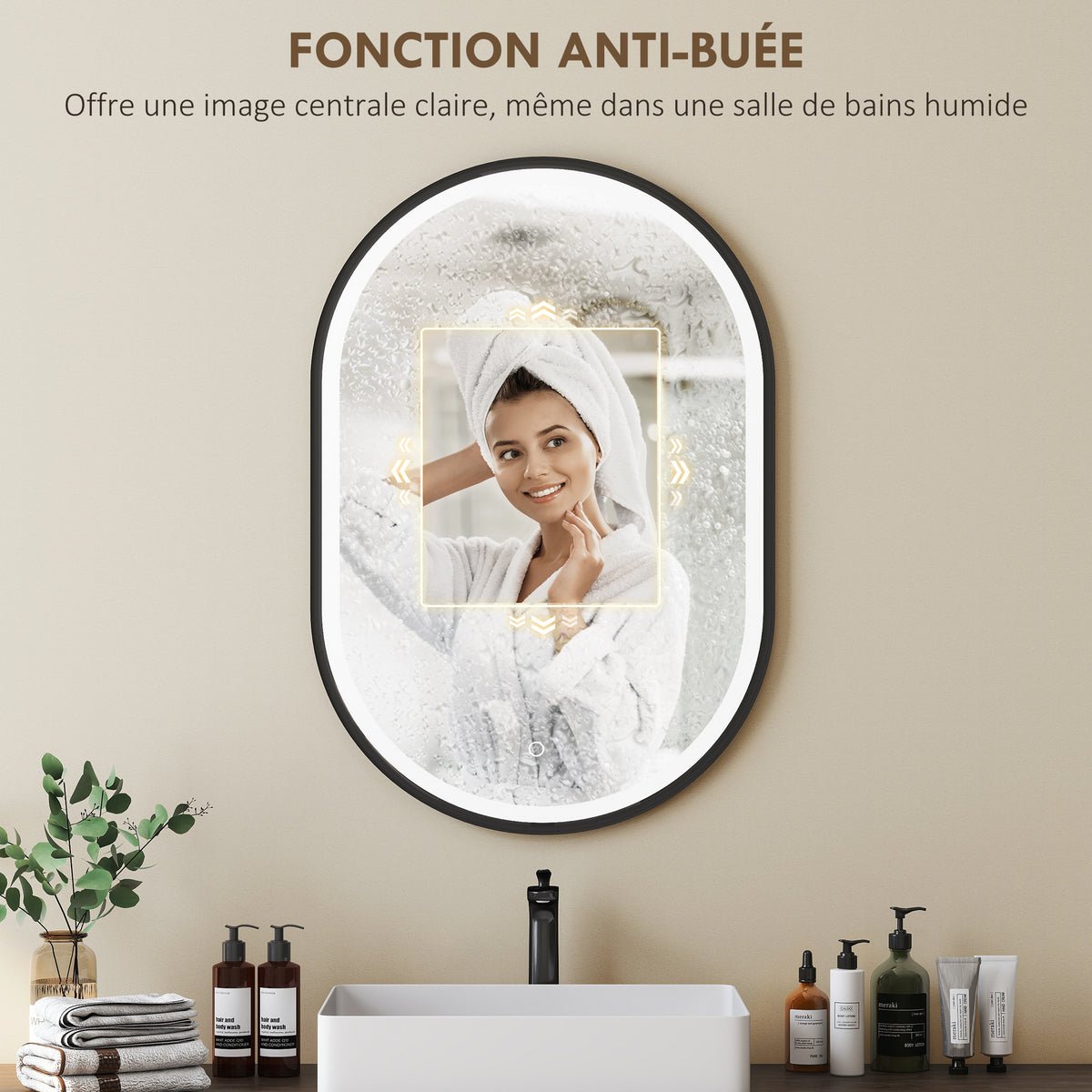 Miroir salle de bain éclairage LED 50x70cm, miroir lumineux salle de bain mural interrupteur tactile, lumière 3 couleurs