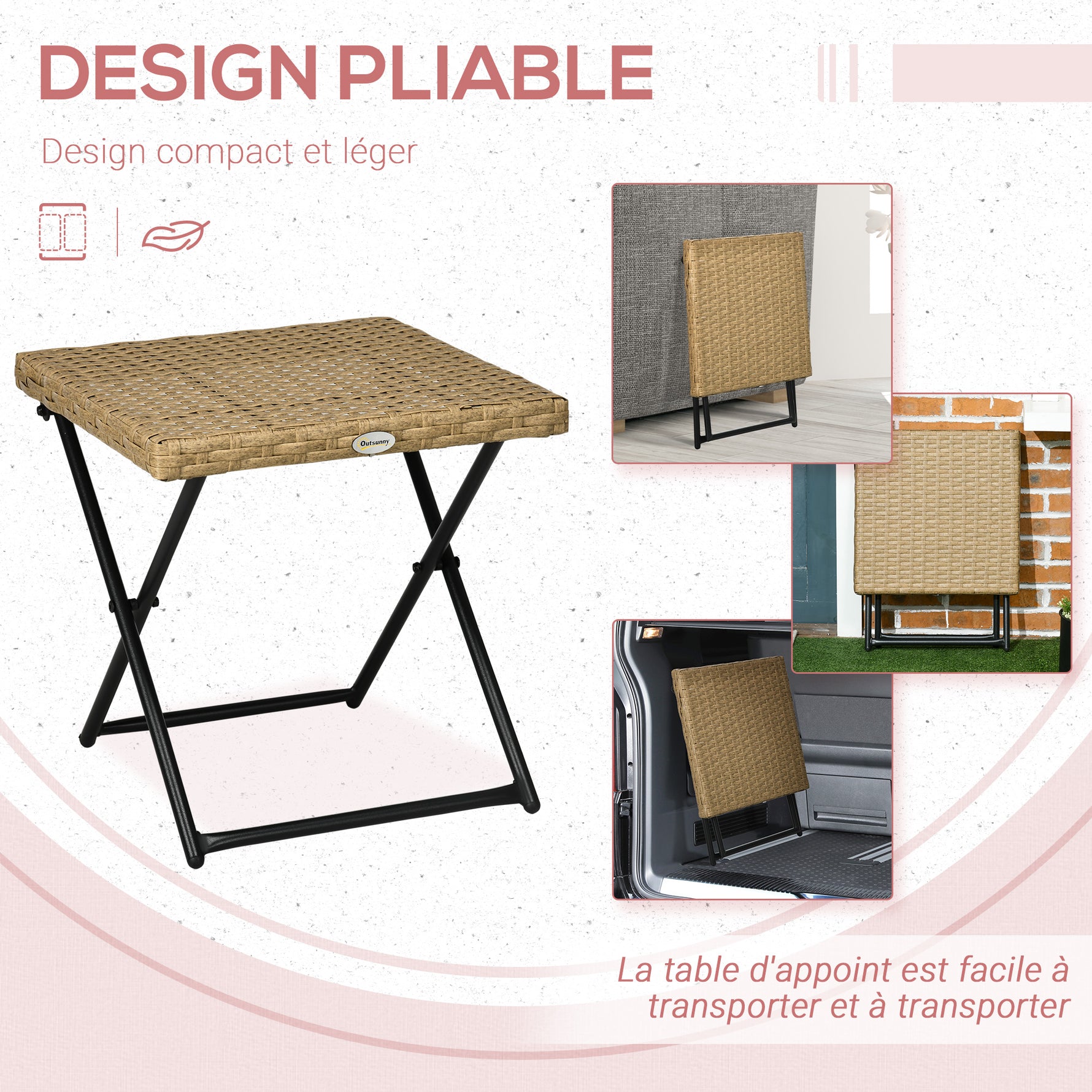 Table basse pliable de jardin style cosy chic dim. 40L x 40l x 40H cm métal époxy résine tressée bois naturel