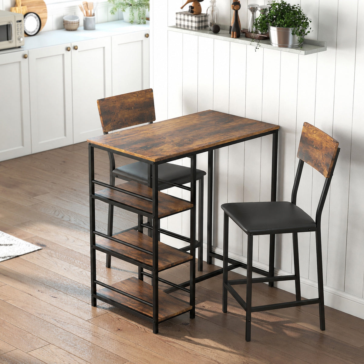 Conjunto de mesa de bar con 2 taburetes, mesa alta de cocina y 2 sillas de bar acolchadas de PU, marrón rústico