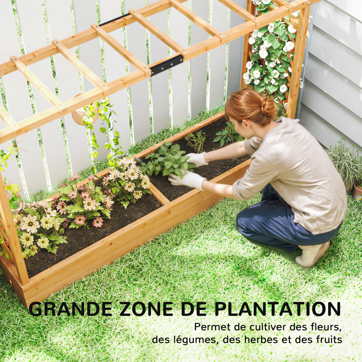 Jardinière surélevée avec treillis latéral et supérieur, bac à fleurs trous de drainage, 200x44x113,5cm, bois naturel