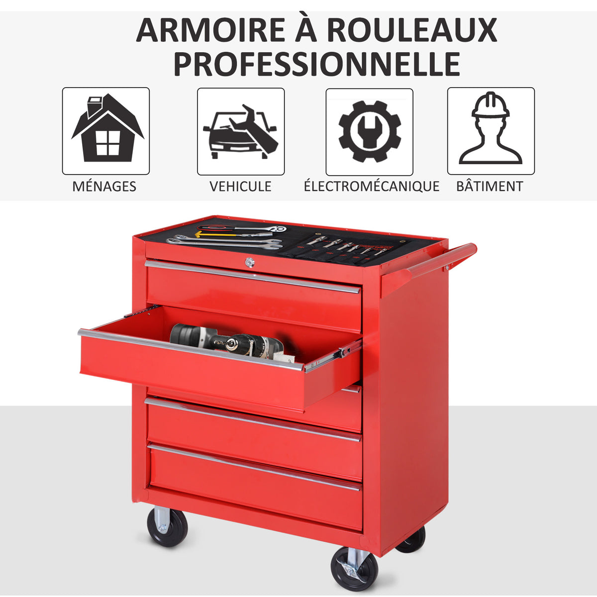 Chariot à outils sur roulettes pour atelier avec 5 tiroirs verrouillable 2 clés acier 69 x 33 x 75 cm rouge