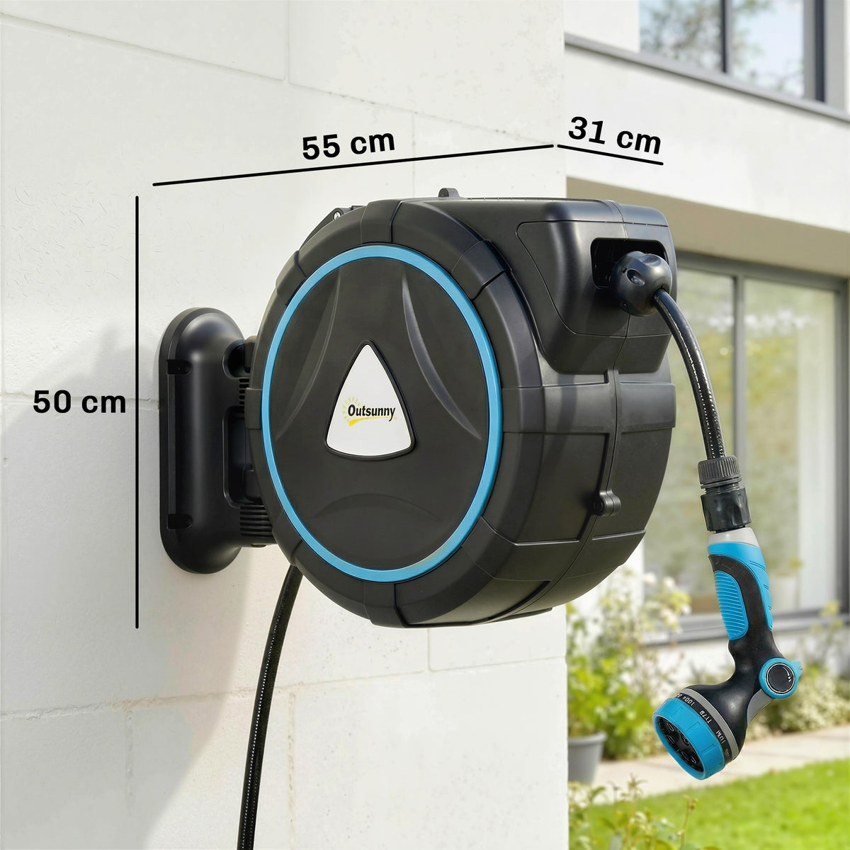 Enrouleur Tuyau Arrosage Mural Automatique 25m Dévidoir Automatique Pistolet d'Arrosage 10+2 Modes 55x31x50cm Bleu