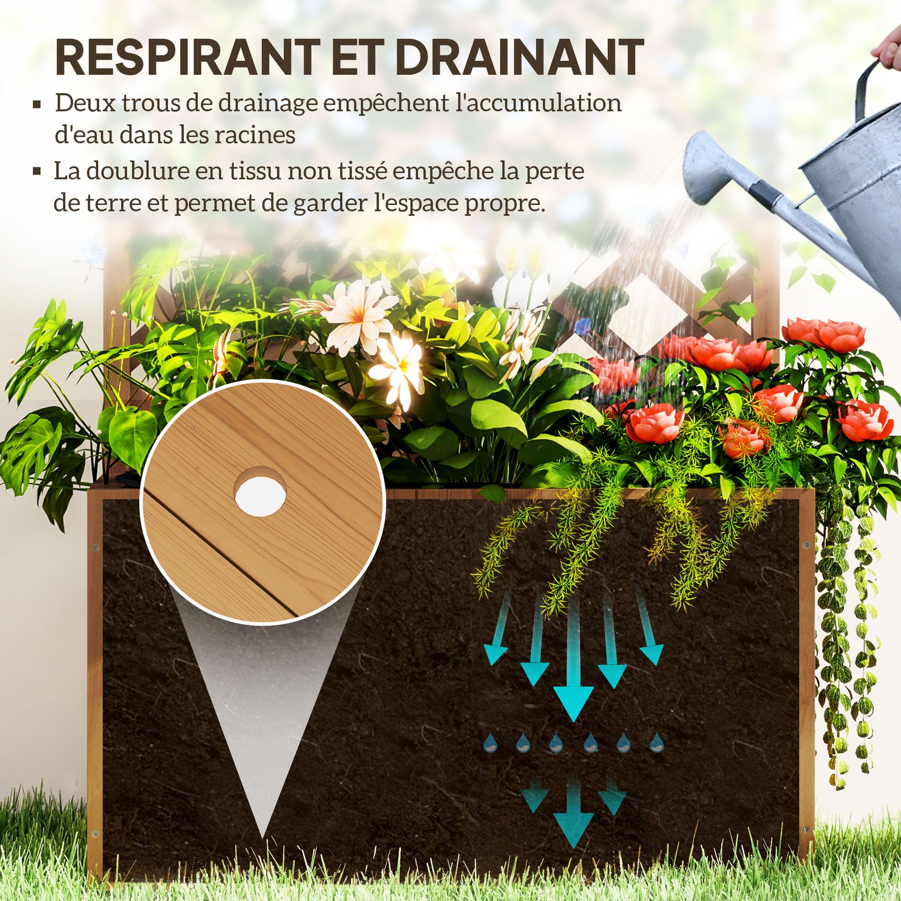 Jardinière avec treillis, bac à fleurs en bois massif avec trous de drainage et doublure, 64 x 33 x 122 cm, bois naturel