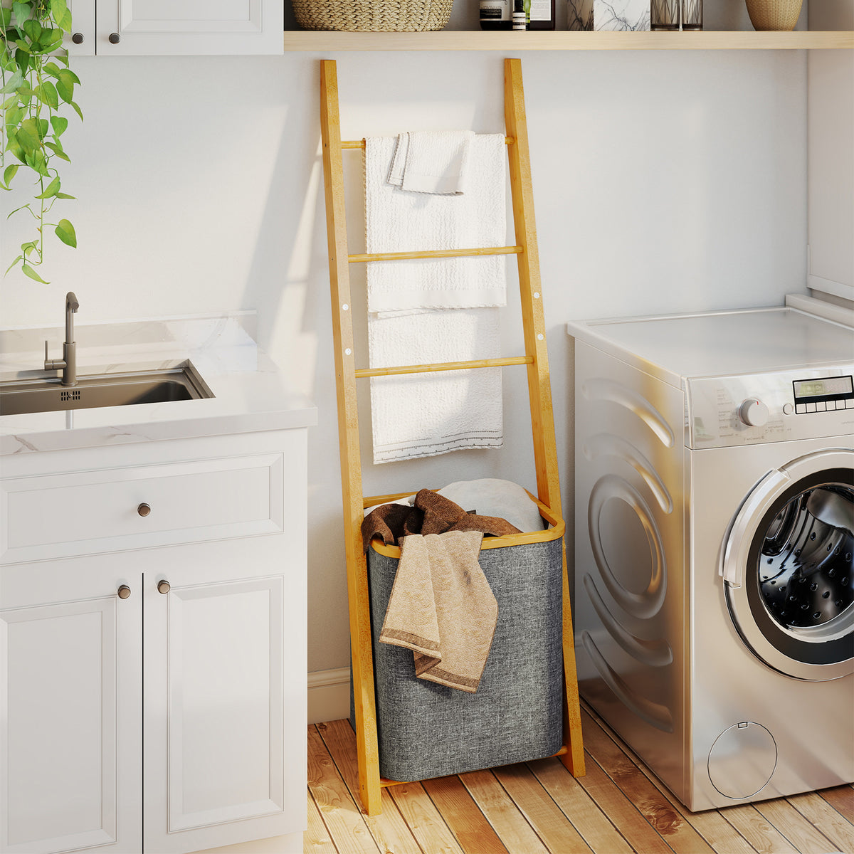 Bamboo towel rack with laundry basket, towel ladder with 1 laundry basket, 43 x 35 x 133 cm, gray