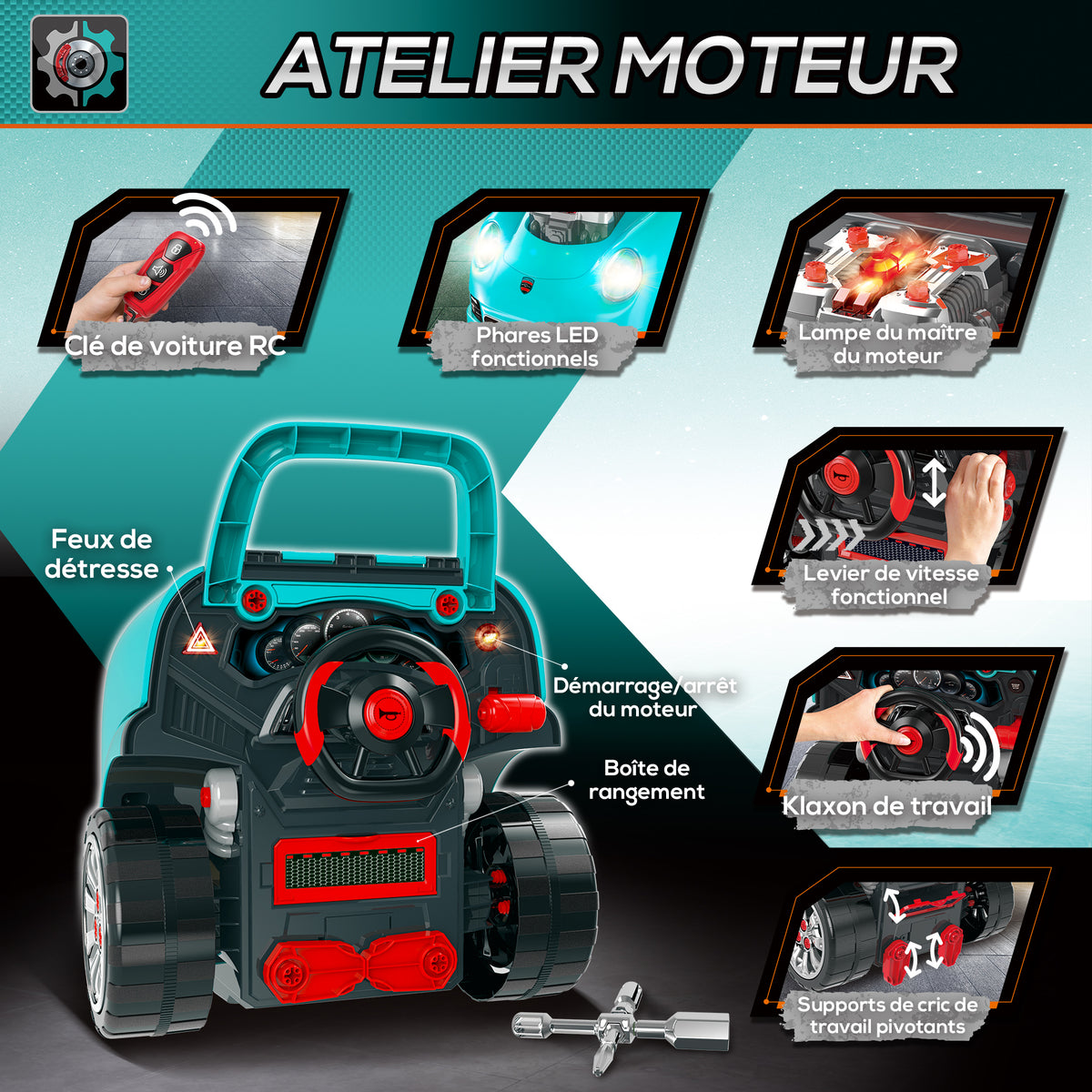 Camion mécano 2 en 1 jouet bricolage enfant jeu d'imitation mécanicien nombreux qccessoires total de 61 pièces bleu