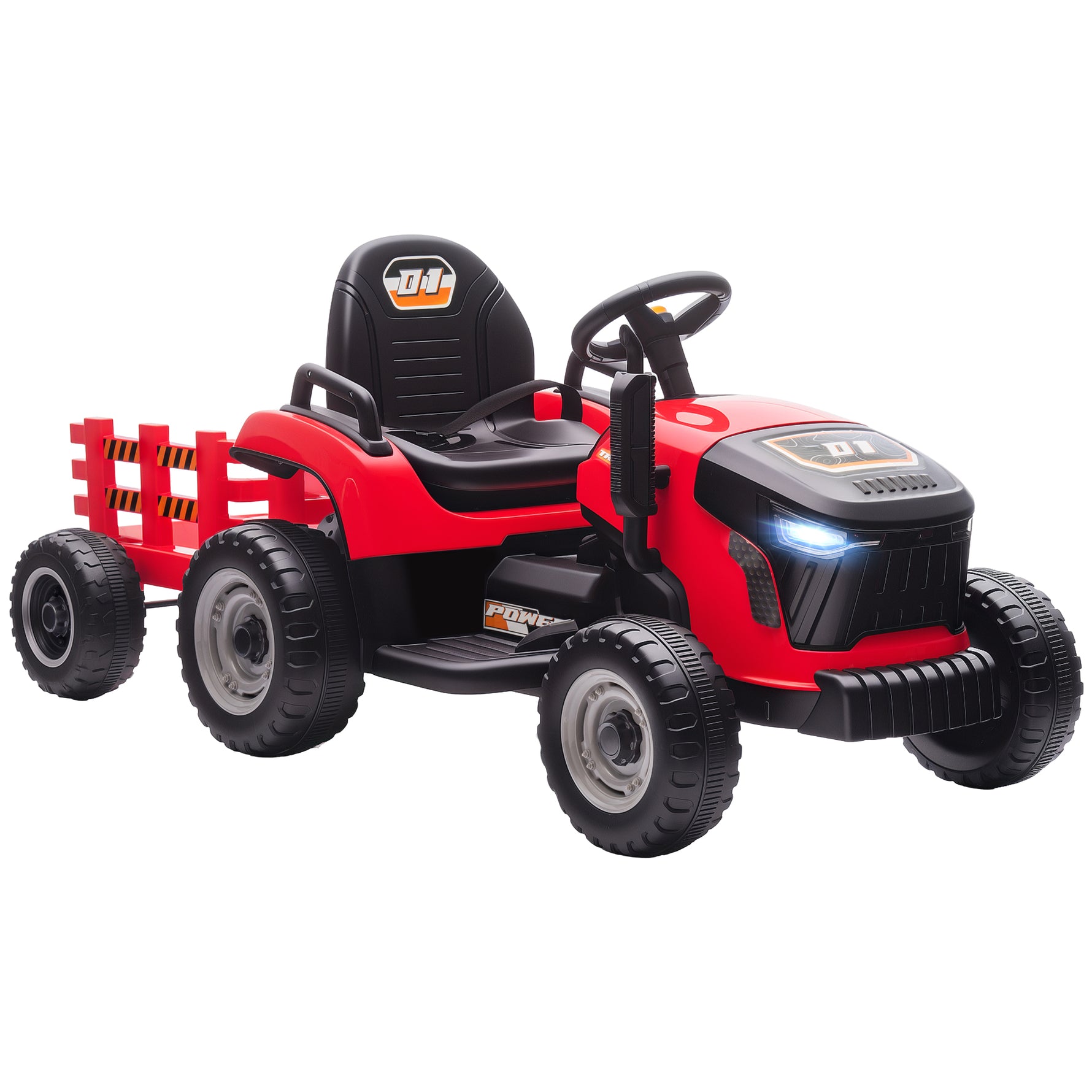 Tracteur électrique enfants avec remorque amovible, voiture électrique enfants, télécommande 2,4G, 139x58x55cm, rouge
