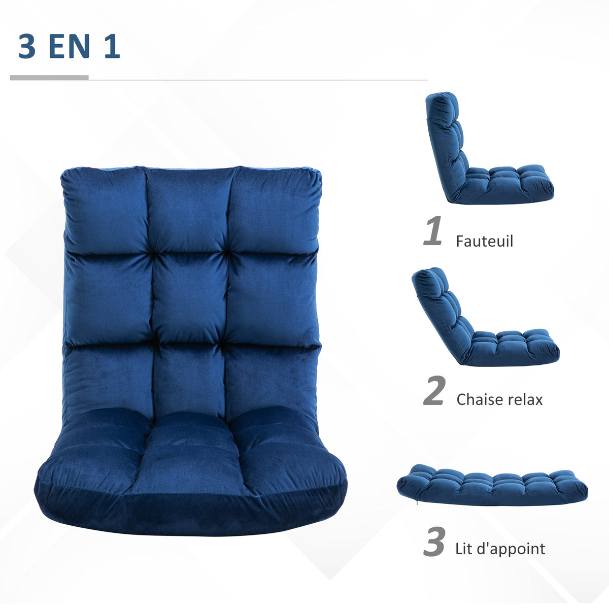 Fauteuil Convertible Fauteuil Paresseux Grand Confort Inclinaison Dossier Multipositions 90°-180° Bleu Roi