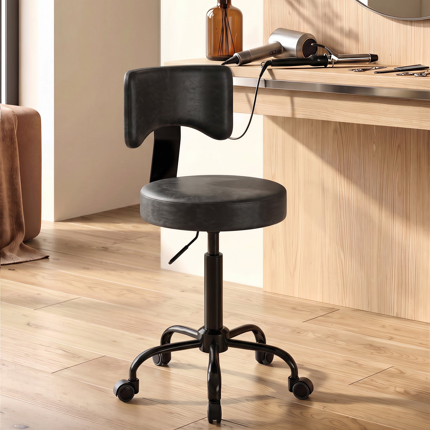 Tabouret à Roulettes, Hauteur Réglable 72-87,5cm, Tabouret de Massage Assise et Dossier Rembourrés, Pivotant 360°, Noir
