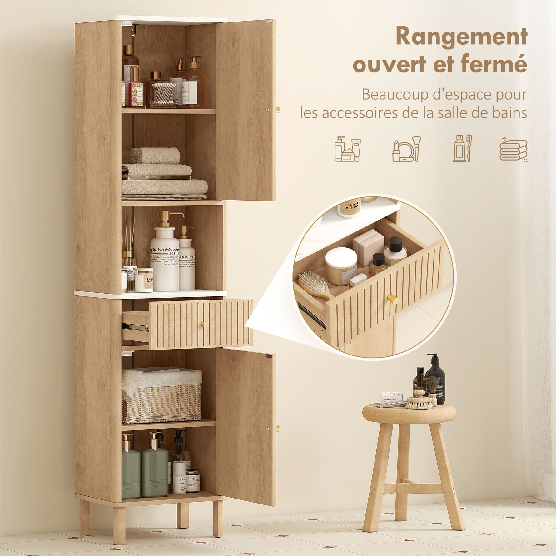 Armoire salle de bain haute meuble de rangement colonne avec tiroir coulissant silencieux 2 placards 41,5x30x168cm chêne