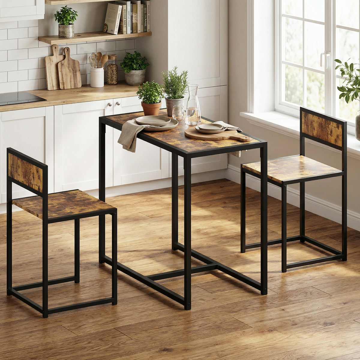 Table and chairs set, 3-piece dining table with 2 nestable chairs, for kitchen living room home, brown