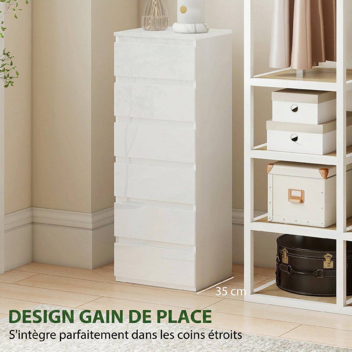 Cassettiera a 6 cassetti ad alta lucentezza, mobile contenitore stretto senza maniglie, 40 x 35 x 109 cm, bianco