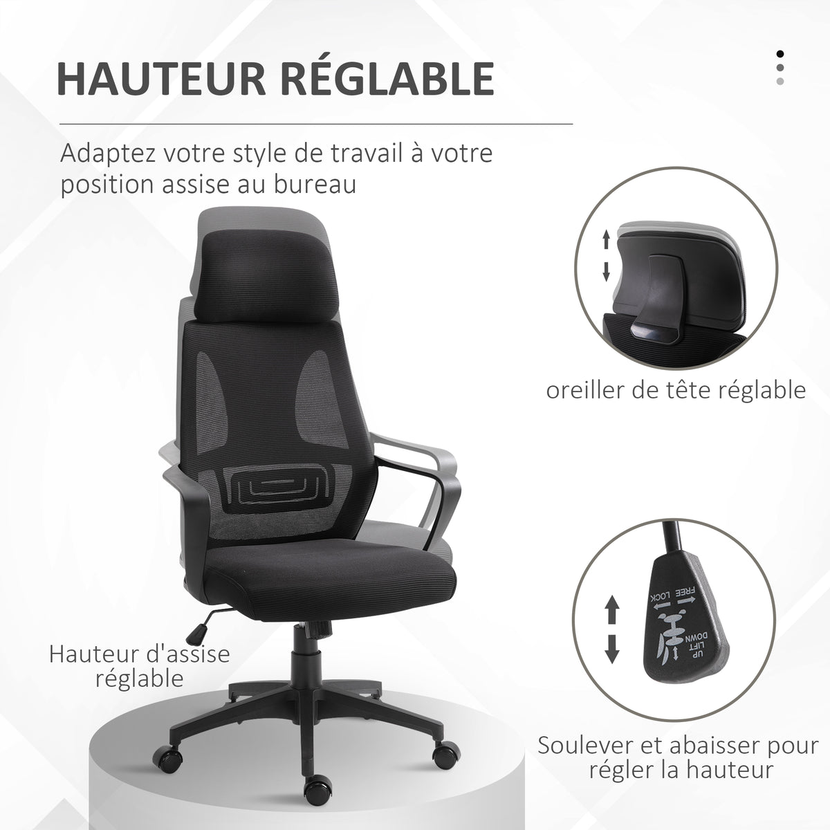 Chaise bureau ergonomique, fauteuil de bureau en maille, appui-tête, hauteur réglable, 64 x 55 x 116-126 cm, noir