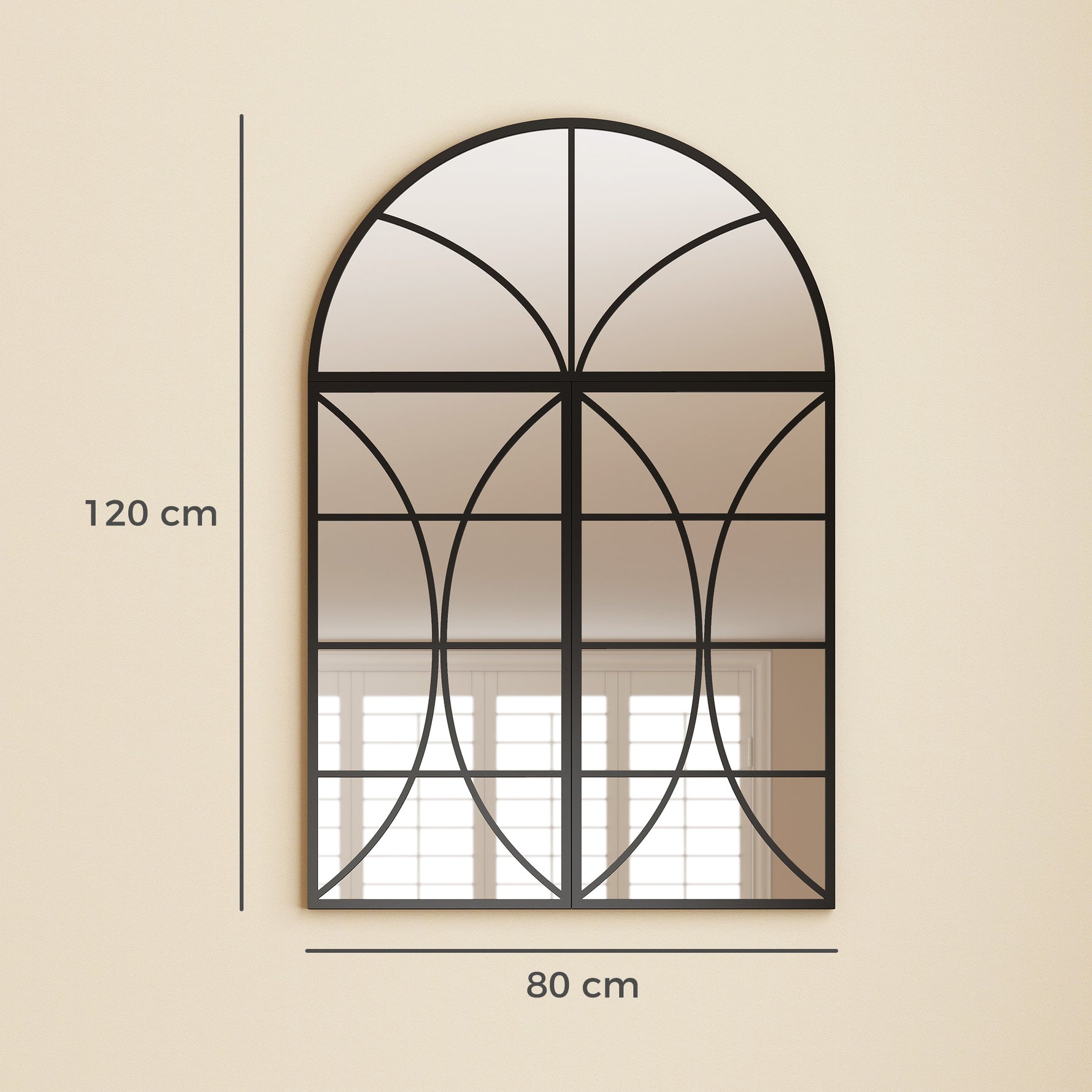 Miroir mural arqué 80 x 120 cm, lot de 3 pièces, miroir verrière en forme de fenêtre, verre trempé et métal, noir