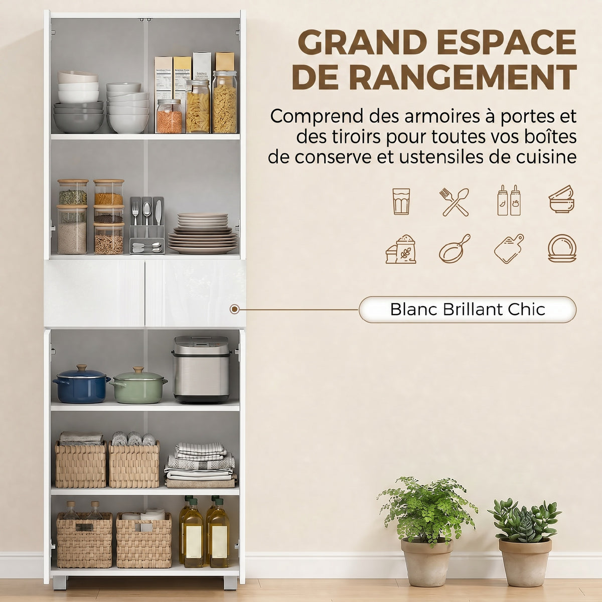 Armoire de cuisine meuble de rangement buffet 4 portes avec étagères réglables - dim. 60L x 35l x 170H cm blanc laqué