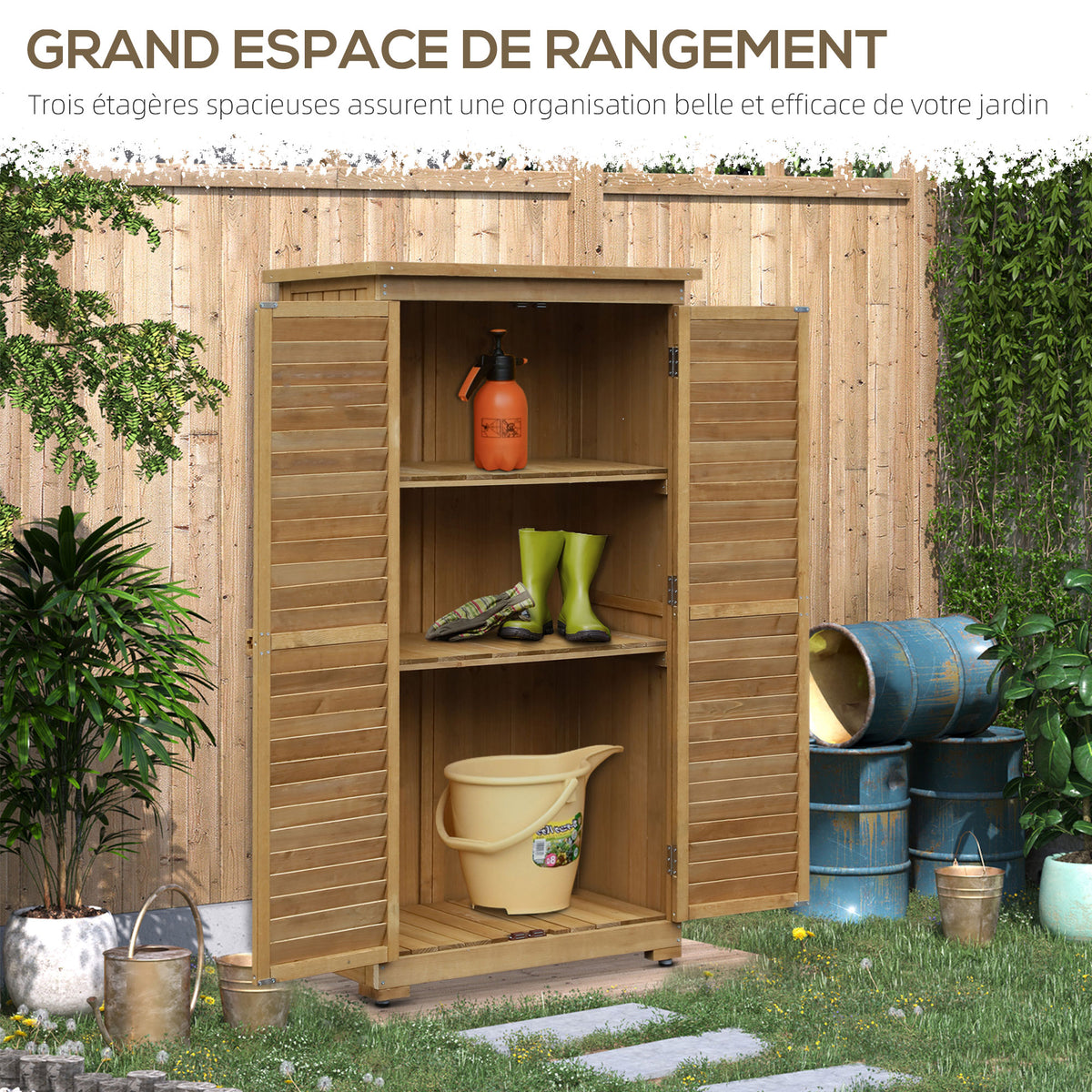 Armoire de jardin remise pour outils en bois 2 étagères toit bitumé portes persiennes 87 x 47 x 160 naturel