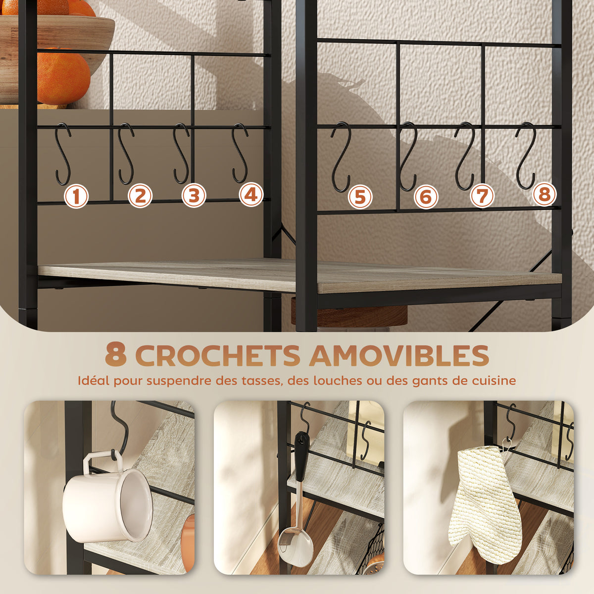 Étagère de cuisine, support pour micro-ondes, avec panneau grillagé, 8 crochets, 60 x 42 x 134,5 cm, chêne