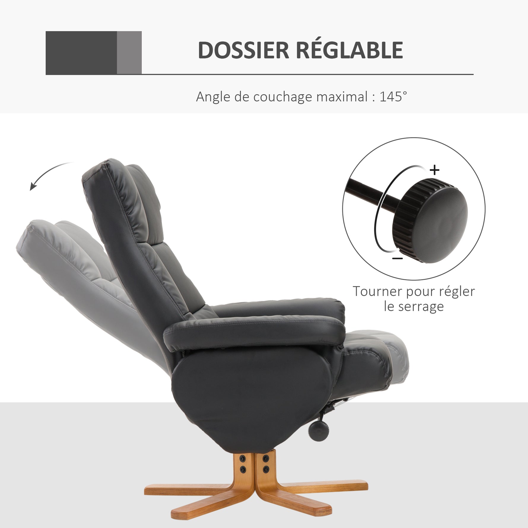 Fauteuil relax avec repose-pied, fauteuil de relaxation en PU, pivotant à 360°, dossier inclinable, assise et dossier rembourrés, rangement caché, pour salon, chambre, home cinéma, noir