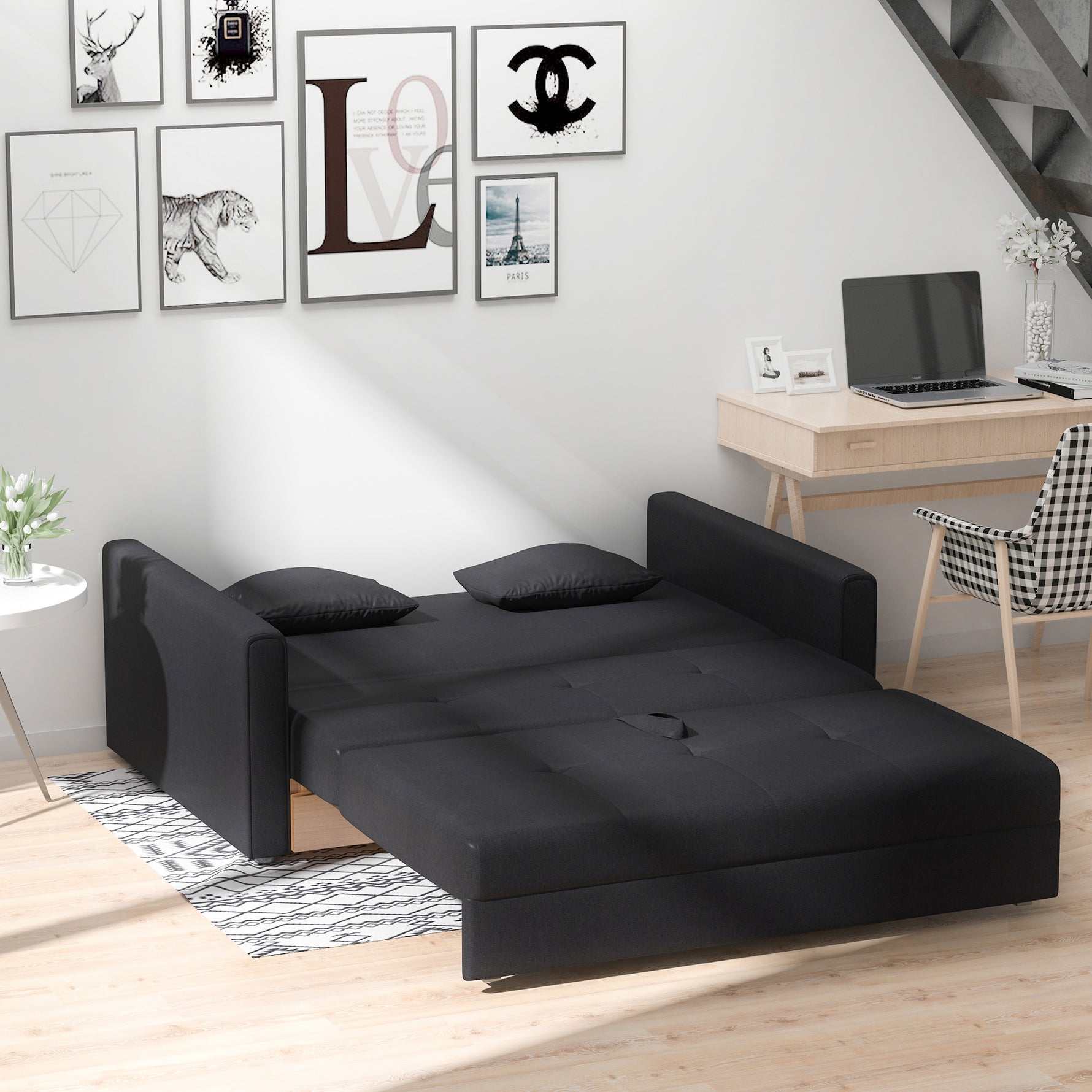 Canapé-lit 2 places convertible 2 en 1 avec 2 coussins et coffre de rangement intégré 152 x 101 x 81 cm gris foncé