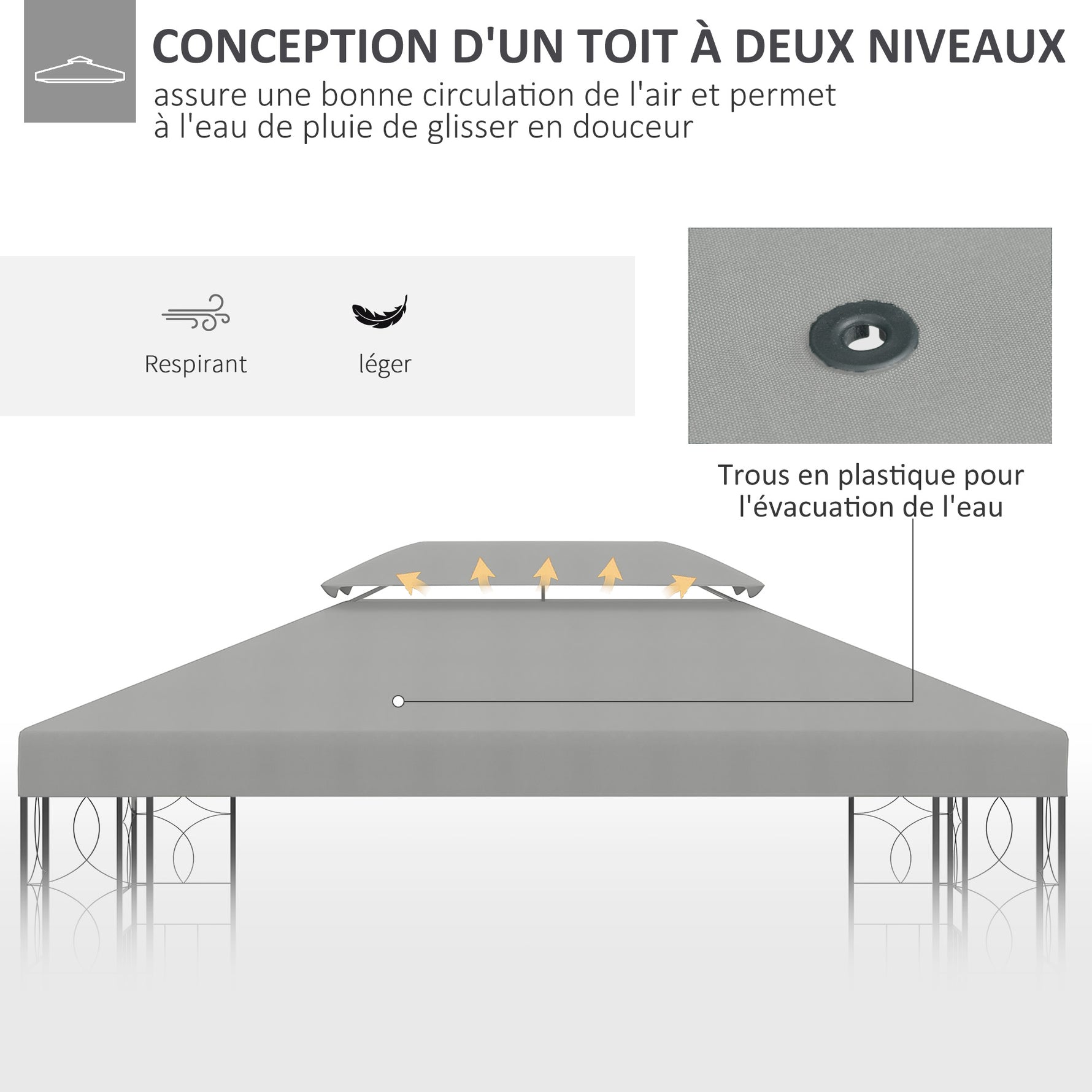 Toile de rechange pour pavillon tonnelle tente 3 x 4 m polyester haute densité 180 g/m² gris clair