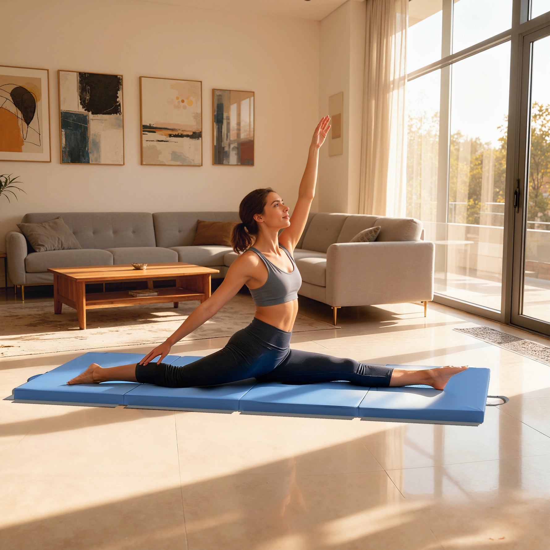 Tapis de gymnastique yoga pilates fitness pliable en 4 avec poignées revêtement synthétique 180 x 80 x 5 cm bleu clair