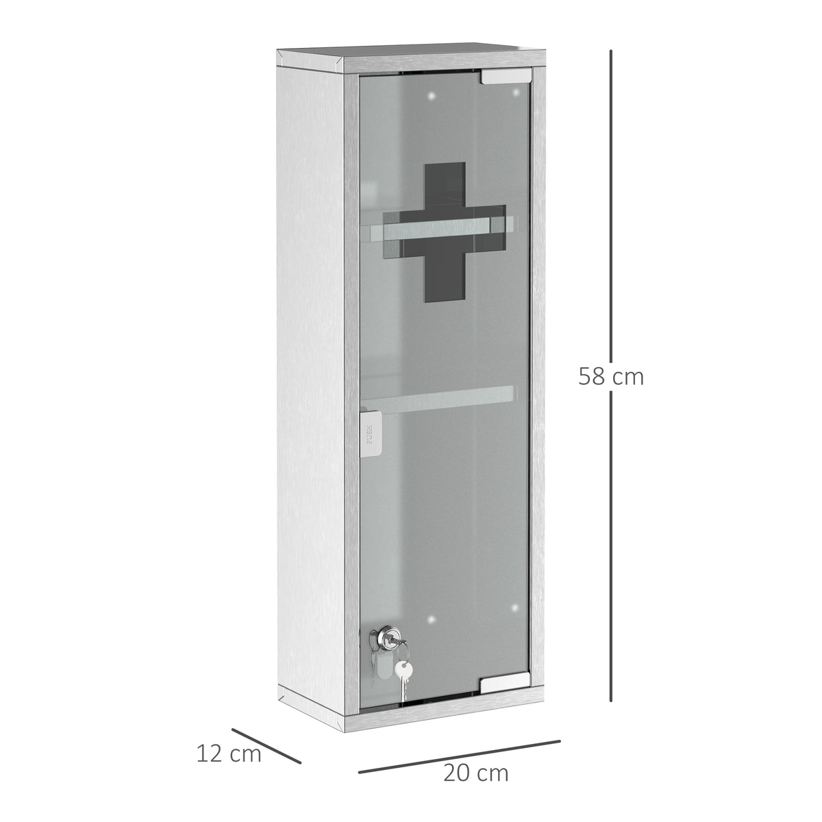 Armoire à Pharmacie 2 étagères 3 Niveaux 20L x 12l x 58H cm Porte Verre trempé Symbole Croix Acier INOX.