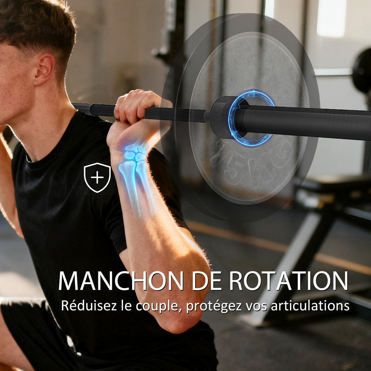 Barre Olympique de 50 mm en Acier Finition Mate avec Prise Moletée et Manchons Longs, Charge 200 kg, Ø5 x 180 cm, Noir