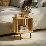 Table d'appoint ovale bout de canapé rangement ouvert pieds en acier design à lattes 50x39x50cm effet bois naturel