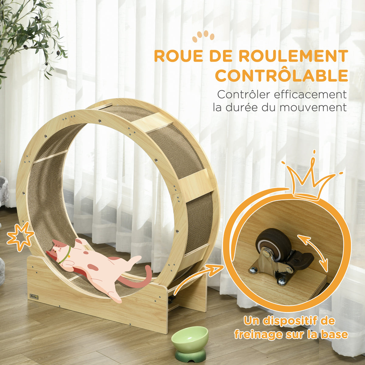 Ruota da corsa per gatti da interno tapis roulant con freno tiragraffi diametro 91 cm naturale