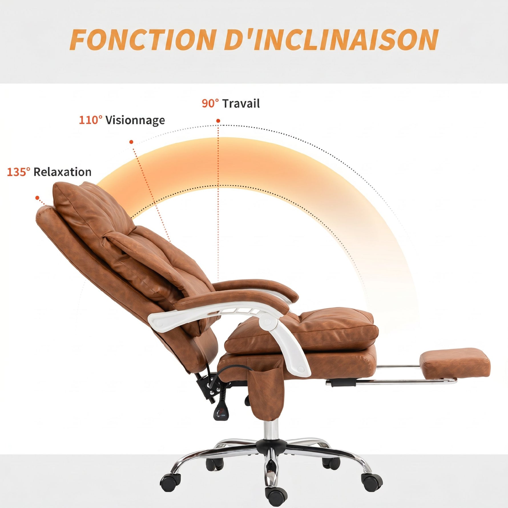 Chaise bureau ergonomique fauteuil de bureau en PU soutien lombaire gonflable dossier inclinable hauteur réglable marron