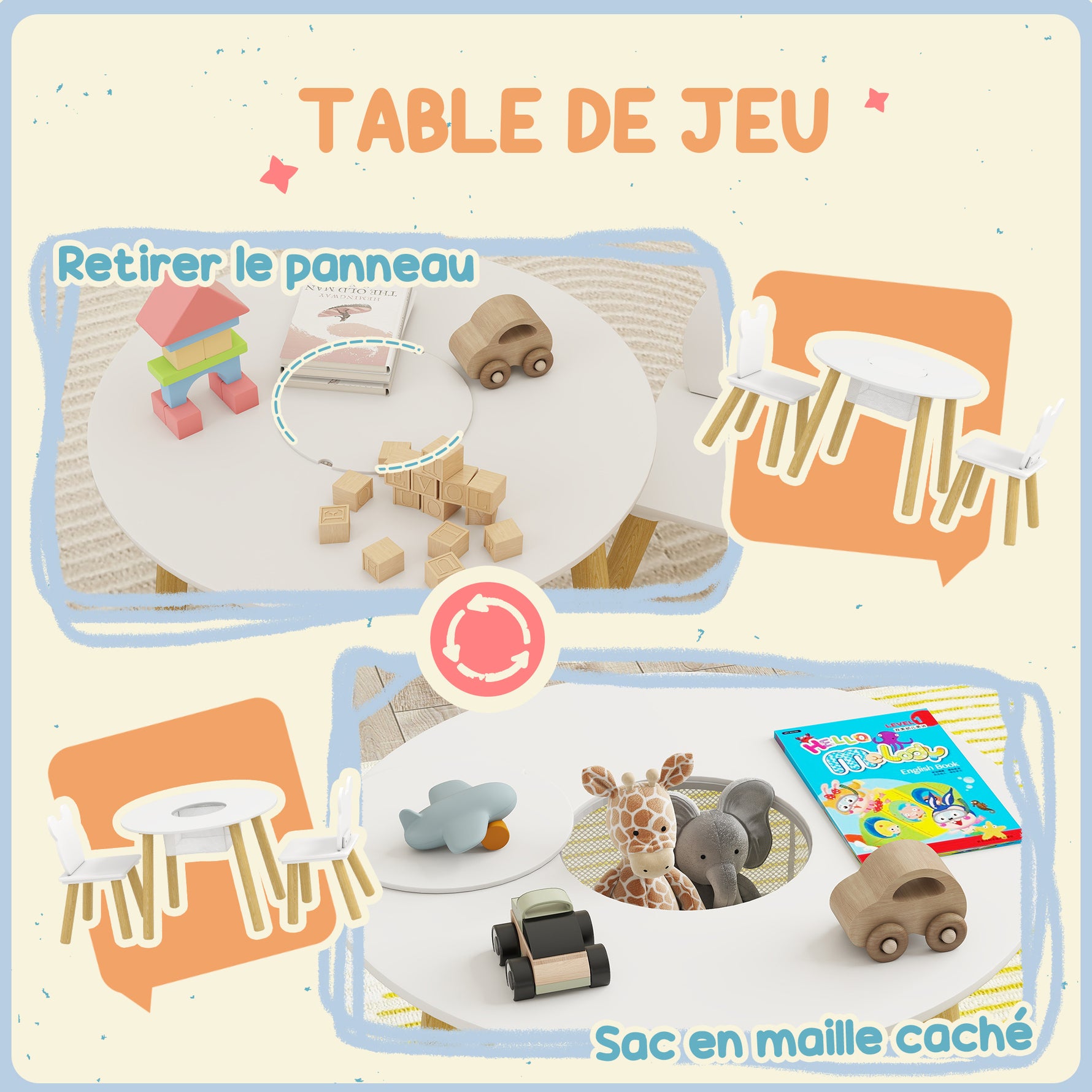 Ensemble 1 table ronde, 2 chaises pour enfant 3 pièces, dossier en forme d'ours, activités, bricolage, repas, 3-6 ans