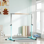 Turnstange für Kinder, 13-fach höhenverstellbar von 92-150 cm, aus Stahl und Buchenholz, Cyan