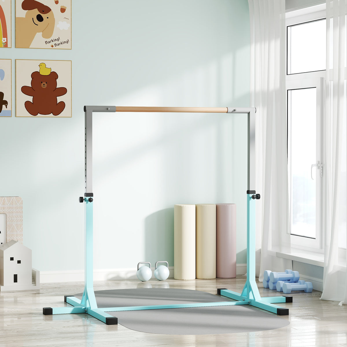 Turnstange für Kinder, 13-fach höhenverstellbar von 92-150 cm, aus Stahl und Buchenholz, Cyan