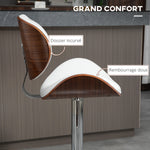 Set of 2 adjustable height bar stools, synthetic upholstery, 53 x 52 x 92-112 cm, white