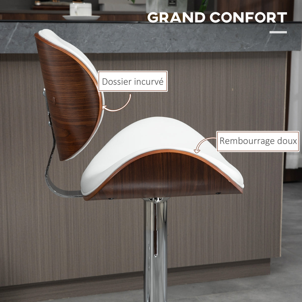 Set of 2 adjustable height bar stools, synthetic upholstery, 53 x 52 x 92-112 cm, white