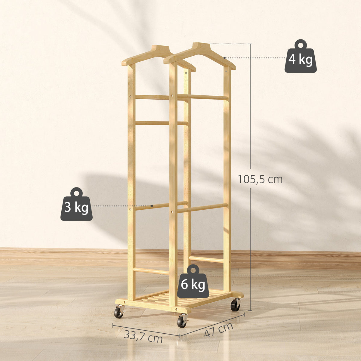 Portant à vêtements sur roulettes, porte-manteaux en bambou, double cintre intégré, 47 x 33,7 x 105,5 cm, bois naturel