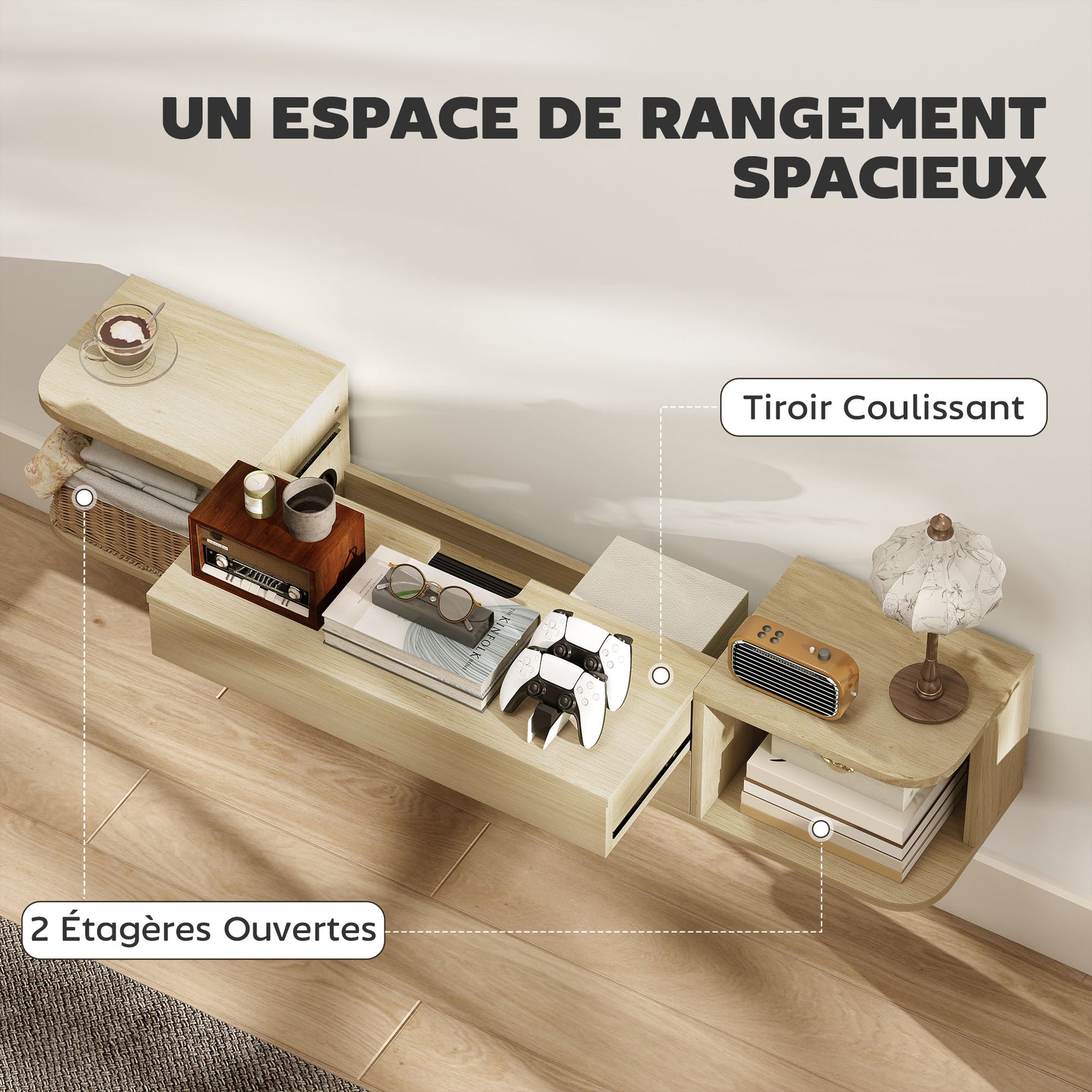 Meuble TV suspendu meuble télé pour téléviseur 50 pouces tiroir étagères passe-câbles 120x24x22,4cm effet bois naturel