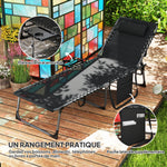 Bain de soleil pliante dossier réglable sur 5 niveaux, plateau, appuie-tête, poche latérale 60 x 190 x 31 cm, noir